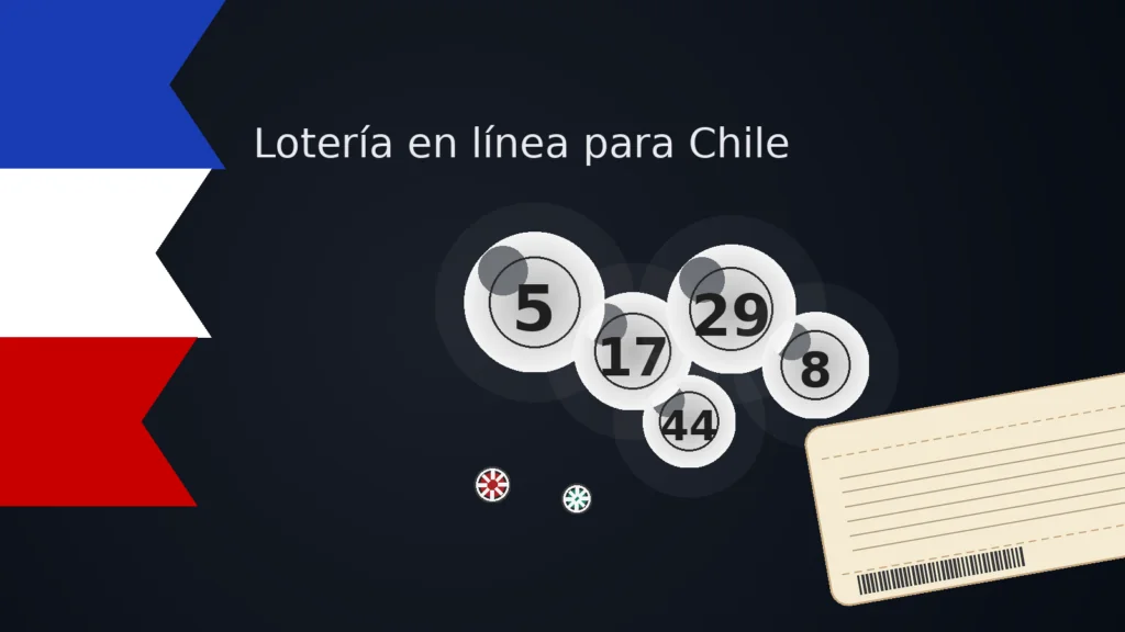 Lotería en línea para Chile bolas de lotería y boleto digital con detalles minimalistas de casino y colores de la bandera